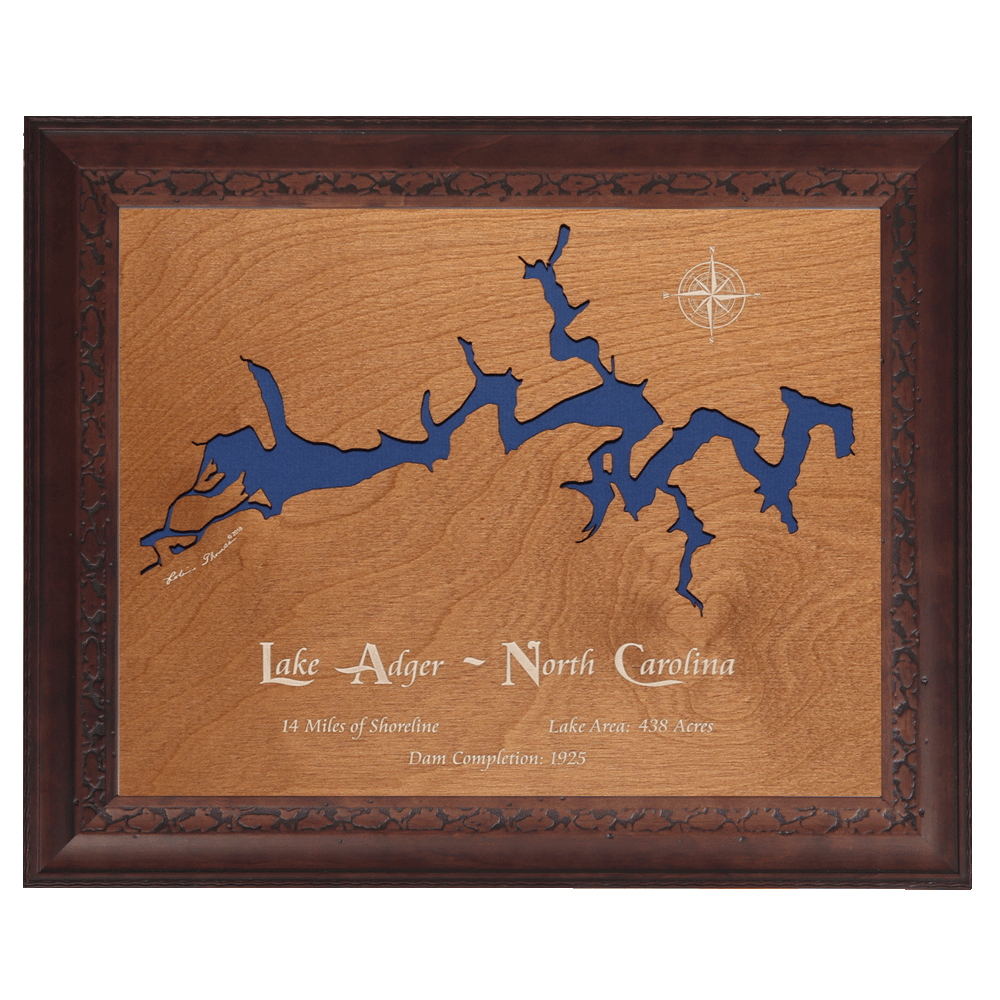 Lake Adger, North Carolina Stained Wood and Dark Walnut Frame Lake Map