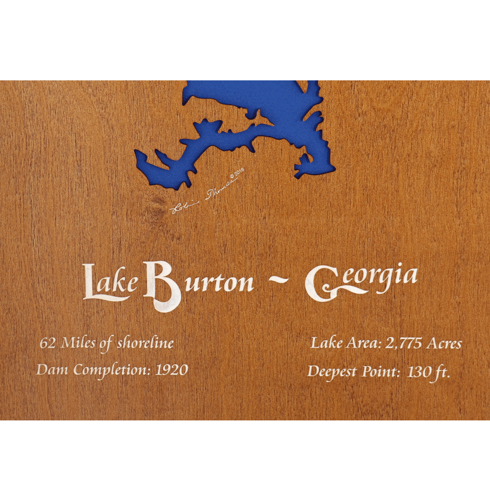 Lake Burton, Stained Wood and Dark Walnut Frame Lake Map Silho