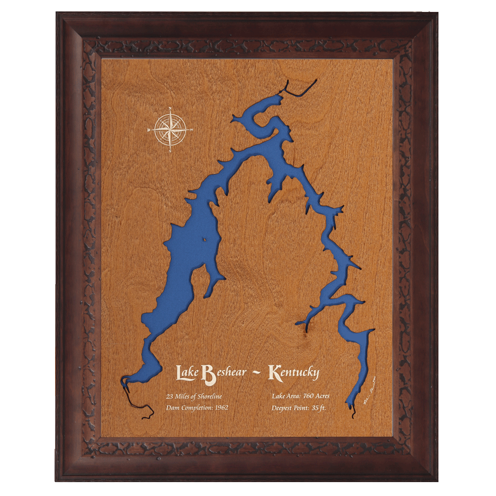 Lake Beshear, Kentucky Stained Wood and Dark Walnut Frame Lake Map Sil