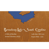 Broadway Lake, South Carolina Stained Wood and Dark Walnut Frame Lake Map Silhouette