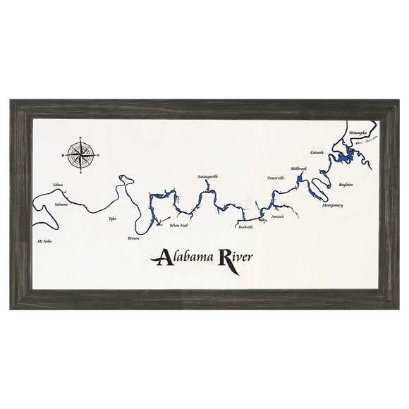 Alabama River, Alabama White Washed Wood and Distressed Black Frame Lake Map Silhouette