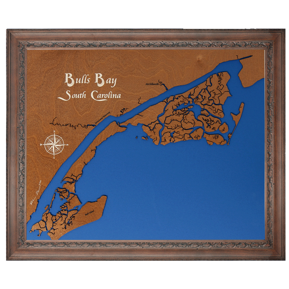 Bulls Bay, South Carolina Stained Wood and Dark Walnut Frame Lake Map