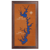Lake Jocassee, Lake Keowee, South Carolina Stained Wood and Dark Walnut Frame Lake Map Silhouette