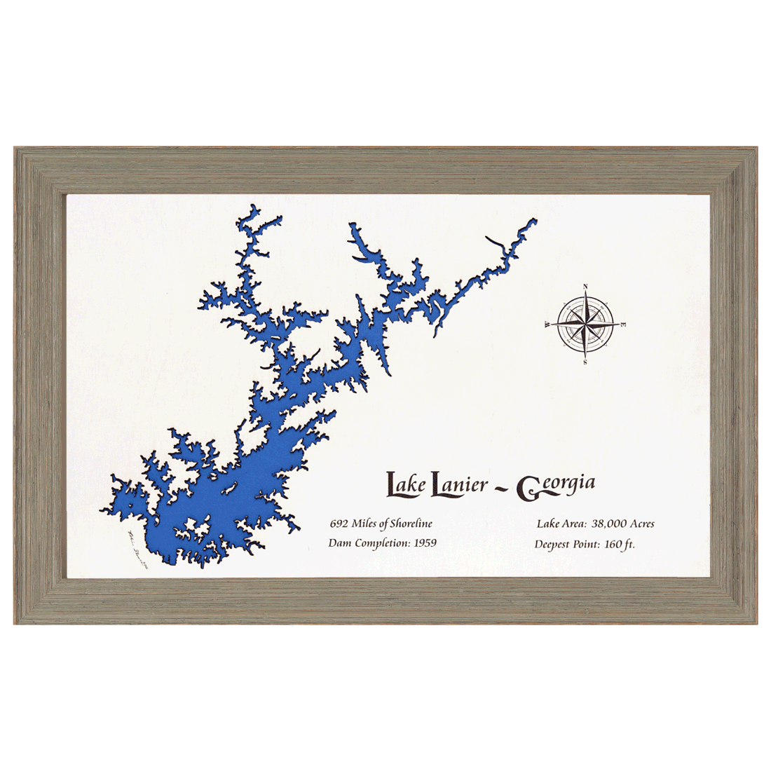 Lake Lanier, Georgia White Washed Wood and Rustic Gray Frame Lake Map ...