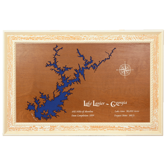 Lake Lanier, Georgia Stained Wood and Distressed White Frame Lake Map ...