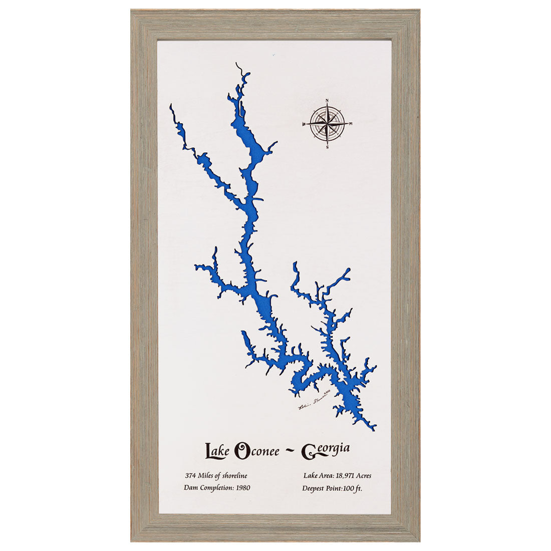 Lake Oconee, Georgia White Washed Wood and Rustic Gray Frame Lake Map Lake Oconee, Georgia White Washed Wood and Rustic Gray Frame Lake Map
