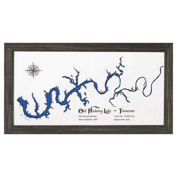 Old Hickory Lake, Tennessee White Washed Wood and Distressed Black Frame Lake Map Silhouette