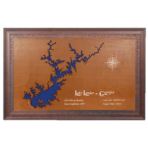 Lake Lanier, Georgia Stained Wood and Dark Walnut Frame Lake Map Silhouette