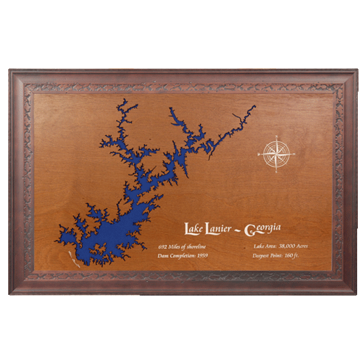 Lake Lanier, Georgia Stained Wood and Dark Walnut Frame Lake Map Silhouette