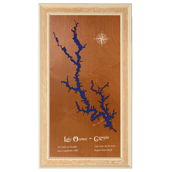 Lake Oconee, Georgia Stained Wood and Distressed White Frame Lake Map Silhouette