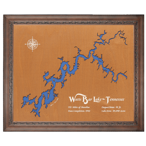 Watts Bar Lake, Tennessee Stained Wood and Dark Walnut Frame Lake Map Silhouette