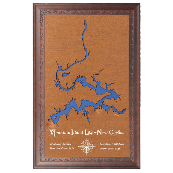Mountain Island Lake, North Carolina Stained Wood and Dark Walnut Frame Lake Map Silhouette