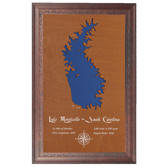 Lake Monticello, South Carolina Stained Wood and Dark Walnut Frame Lake Map Silhouette