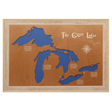 The Great Lakes, New York, Pennsylvania, Ohio, Indiana, Michigan, Illinois, Wisconsin, and Minnesota Stained Wood and Distressed White Frame Lake Map Silhouette