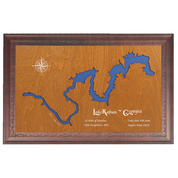 Lake Rabun, Georgia Stained Wood and Dark Walnut Frame Lake Map Silhouette