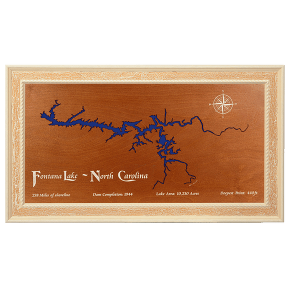 Fontana Lake, North Carolina Stained Wood and Distressed White Frame Lake Map Silhouette