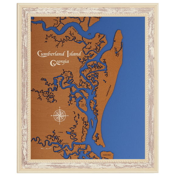 Cumberland Island, Georgia Stained Wood and Distressed White Frame Lake Map Silhouette