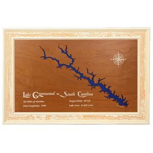 Lake Greenwood, South Carolina Stained Wood and Distressed White Frame Lake Map Silhouette
