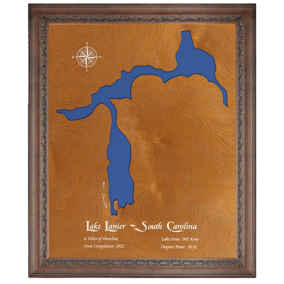 Lake Lanier, South Carolina Stained Wood and Dark Walnut Frame Lake Map Silhouette