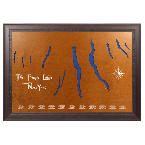 The Finger Lakes, New York Stained Wood and Dark Walnut Frame Lake Map Silhouette