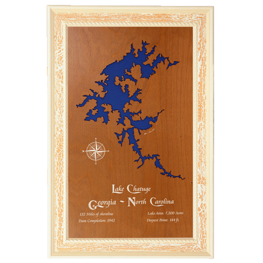 Lake Chatuge, Georgia and North Carolina Stained Wood and Distressed White Frame Lake Map Silhouette