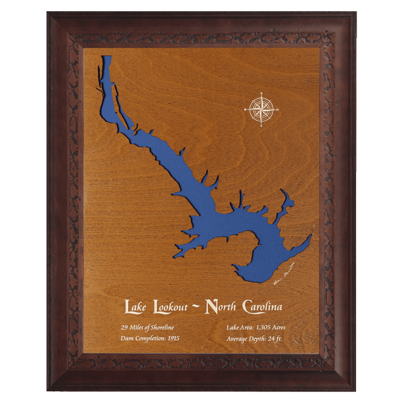 Lake Lookout, North Carolina Stained Wood and Dark Walnut Frame Lake Map Silhouette