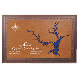 Lake Hartwell, Georgia and South Carolina Stained Wood and Dark Walnut Frame Lake Map Silhouette
