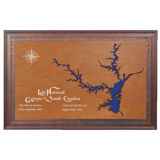 Lake Hartwell, Georgia and South Carolina Stained Wood and Dark Walnut Frame Lake Map Silhouette