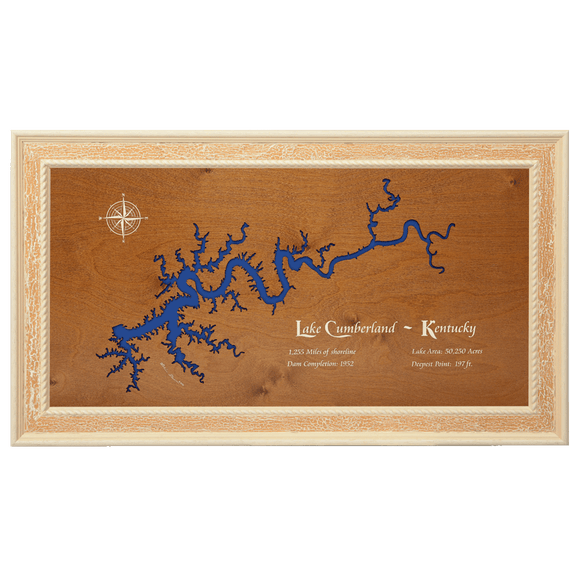 Lake Cumberland, Kentucky Stained Wood and Distressed White Frame Lake Map Silhouette