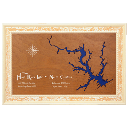 High Rock Lake, North Carolina Stained Wood and Distressed White Frame Lake Map Silhouette