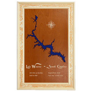 Lake Wateree, South Carolina Stained Wood and Distressed White Frame Lake Map Silhouette
