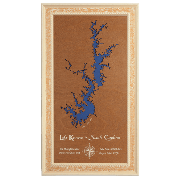 Lake Keowee, South Carolina Stained Wood and Distressed White Frame Lake Map Silhouette