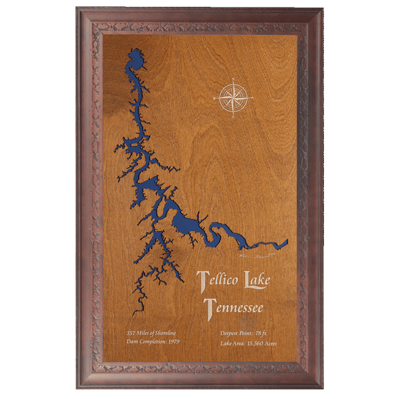 Tellico Lake, Tennessee Stained Wood and Dark Walnut Frame Lake Map Silhouette