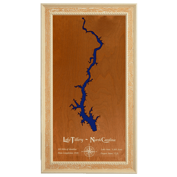 Lake Tillery, North Carolina Stained Wood and Distressed White Frame Lake Map Silhouette