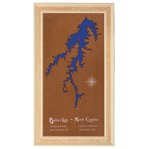 Belews Lake, North Carolina Stained Wood and Distressed White Frame Lake Map Silhouette
