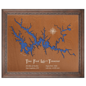 Tims Ford Lake, Tennessee Stained Wood and Dark Walnut Frame Lake Map Silhouette