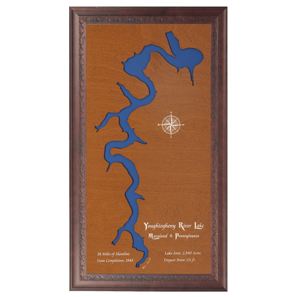 Youghiogheny River Lake, Maryland and Pennsylvania Stained Wood and Dark Walnut Frame Lake Map Silhouette