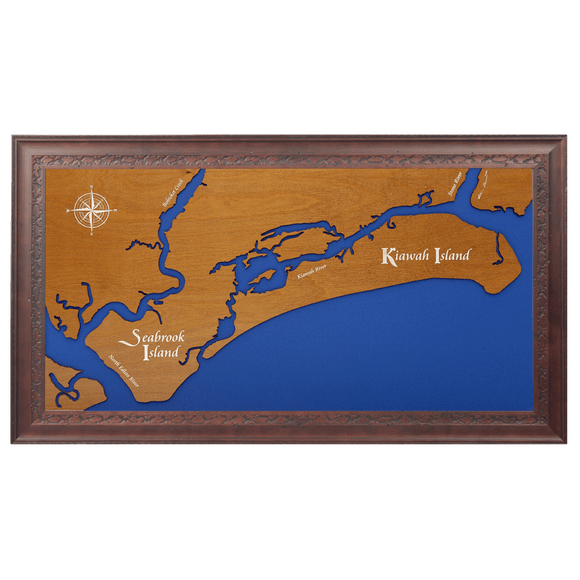 Kiawah Island and Seabrook Island, South Carolina Stained Wood and Dark Walnut Frame Lake Map Silhouette