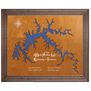 Dale Hollow Lake, Kentucky and Tennessee Stained Wood and Dark Walnut Frame Lake Map Silhouette