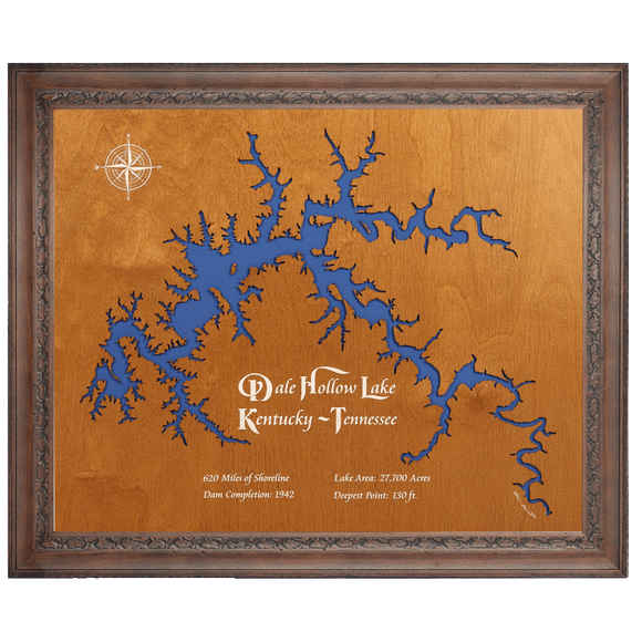 Dale Hollow Lake, Kentucky and Tennessee Stained Wood and Dark Walnut Frame Lake Map Silhouette