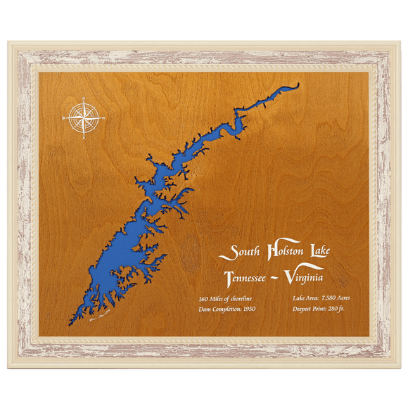 South Holston Lake, Tennessee and Virginia Stained Wood and Distressed White Frame Lake Map Silhouette