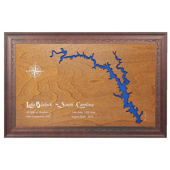 Lake Blalock, South Carolina Stained Wood and Dark Walnut Frame Lake Map Silhouette