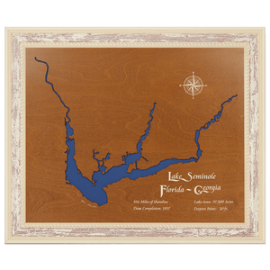 Lake Seminole, Florida and Georgia Stained Wood and Distressed White Frame Lake Map Silhouette