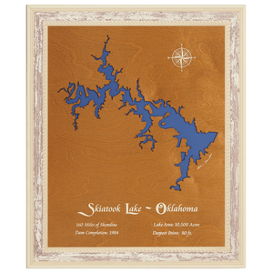 Skiatook Lake, Oklahoma Stained Wood and Distressed White Frame Lake Map Silhouette