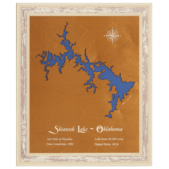 Skiatook Lake, Oklahoma Stained Wood and Distressed White Frame Lake Map Silhouette