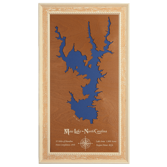 Moss Lake, North Carolina Stained Wood and Distressed White Frame Lake Map Silhouette
