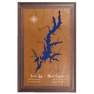 Jordan Lake, North Carolina Stained Wood and Dark Walnut Frame Lake Map Silhouett