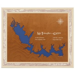 Lake Tobesofkee, Georgia Stained Wood and Distressed White Frame Lake Map Silhouette
