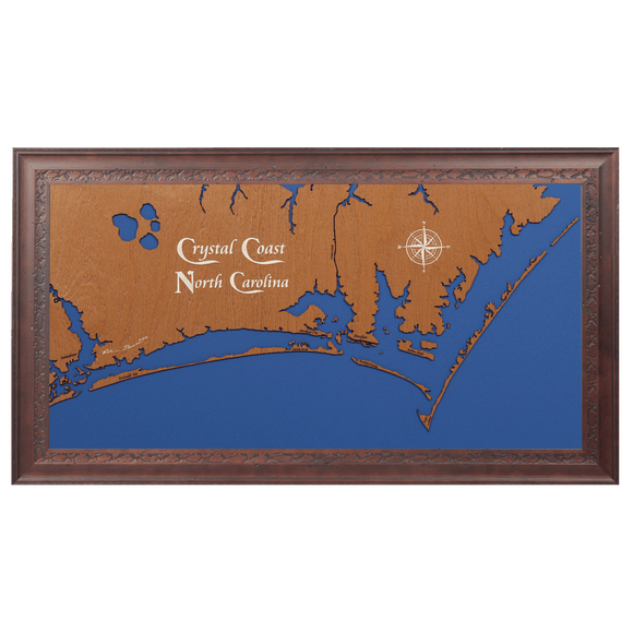 Crystal Coast, North Carolina Stained Wood and Dark Walnut Frame Lake Map Silhouette