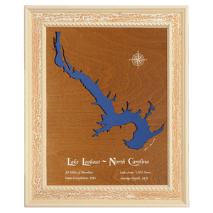 Lake Lookout, North Carolina Stained Wood and Distressed White Frame Lake Map Silhouette